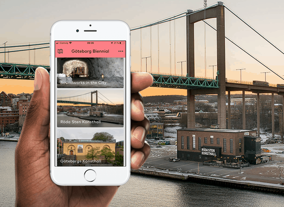 hand with phone showing gibca gothenburg biennial app