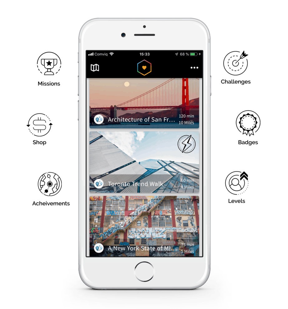 engage mobile phone with gamification icons around it