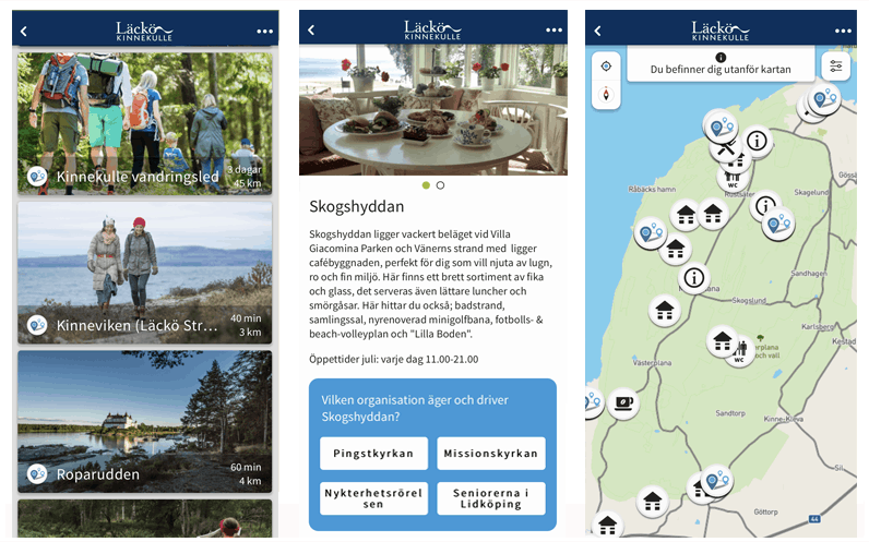 Skärmbilder av appen Läck-Kinnekulle som visar vandringar, quiz och karta.