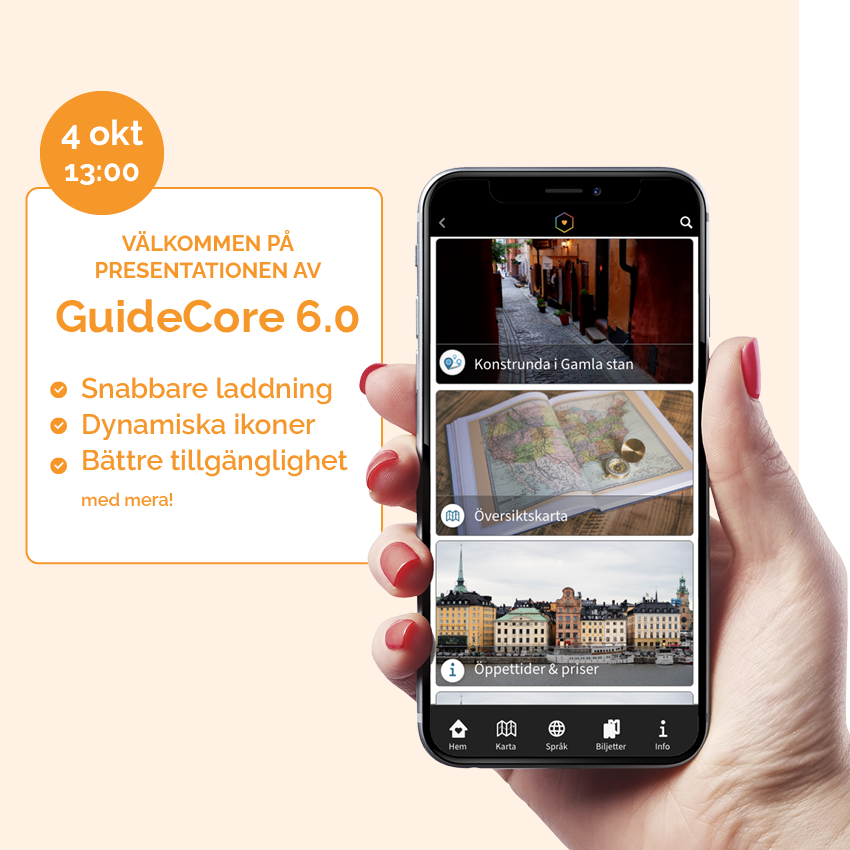 hand med iphone som visar en app efter nya uppdateringen av GuideCore 6.0