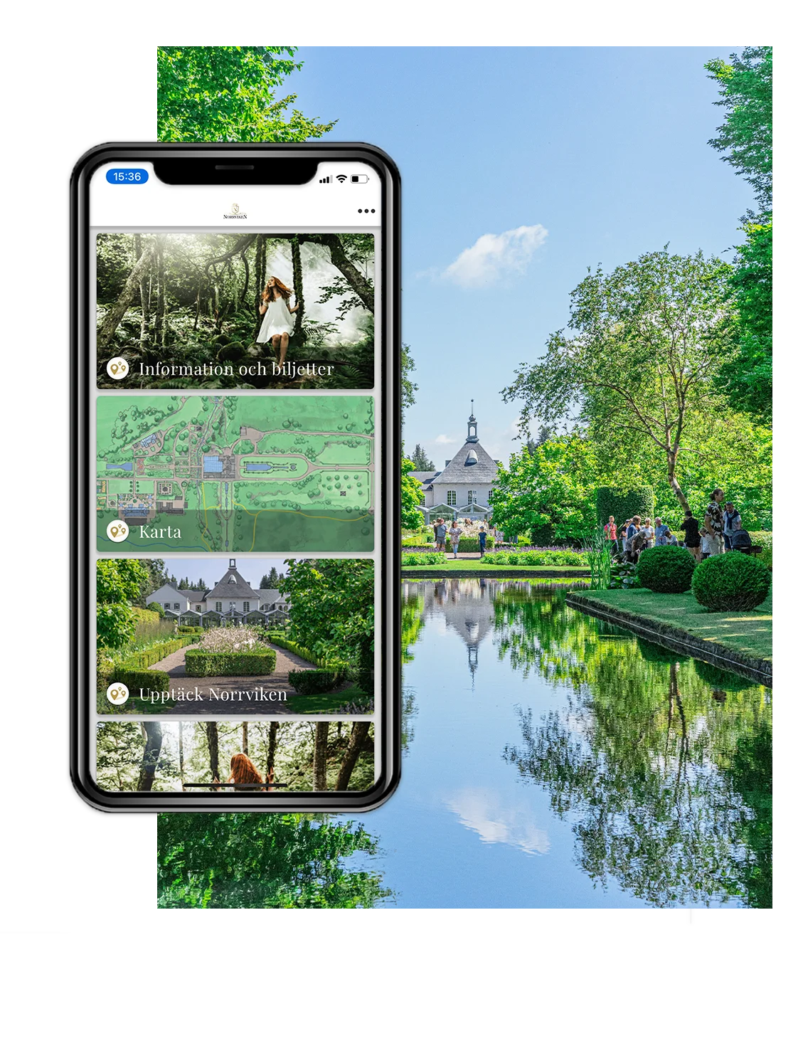 Telefon med bakgrundsbild från Norrvikens trädgårdar