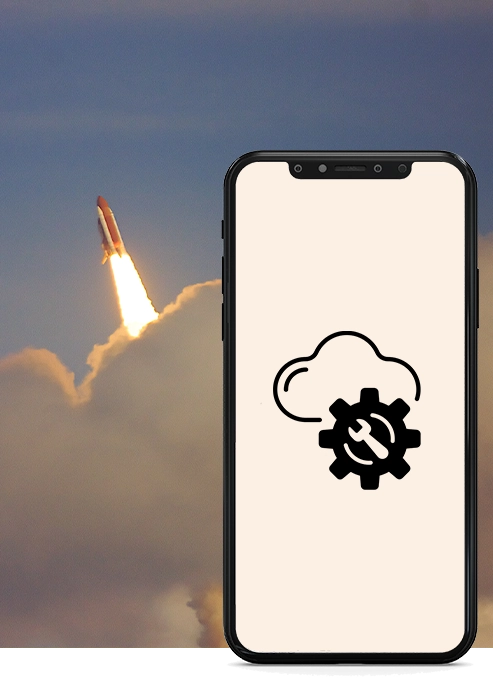 Smartphone med symbol för uppdatering med raketuppskjutning i bakgrunden.