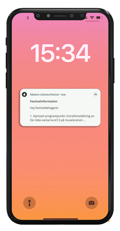 Smartphone som visar en pushnotis om en extrainsatt föreställning.